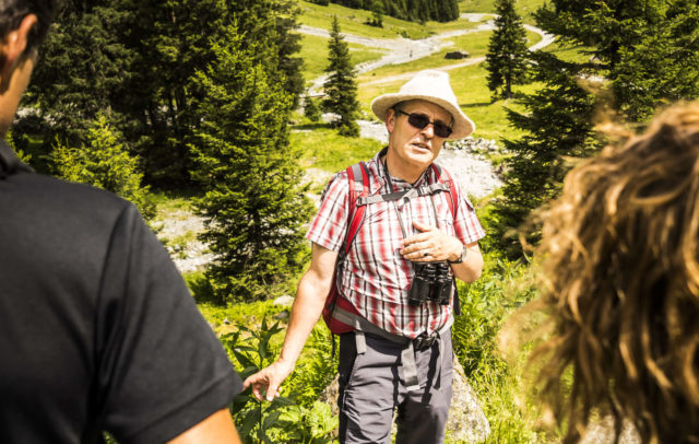 Ein Wanderführer erzählt Wanderern Wissenswertes auf der Wanderung.