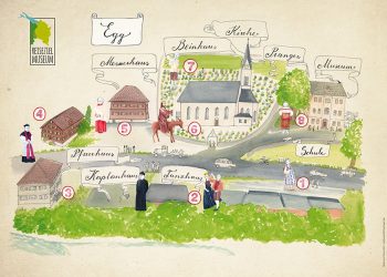 Egg zu Felders Zeiten - ein illustrierter Lageplan - Illustration Monika Hehle