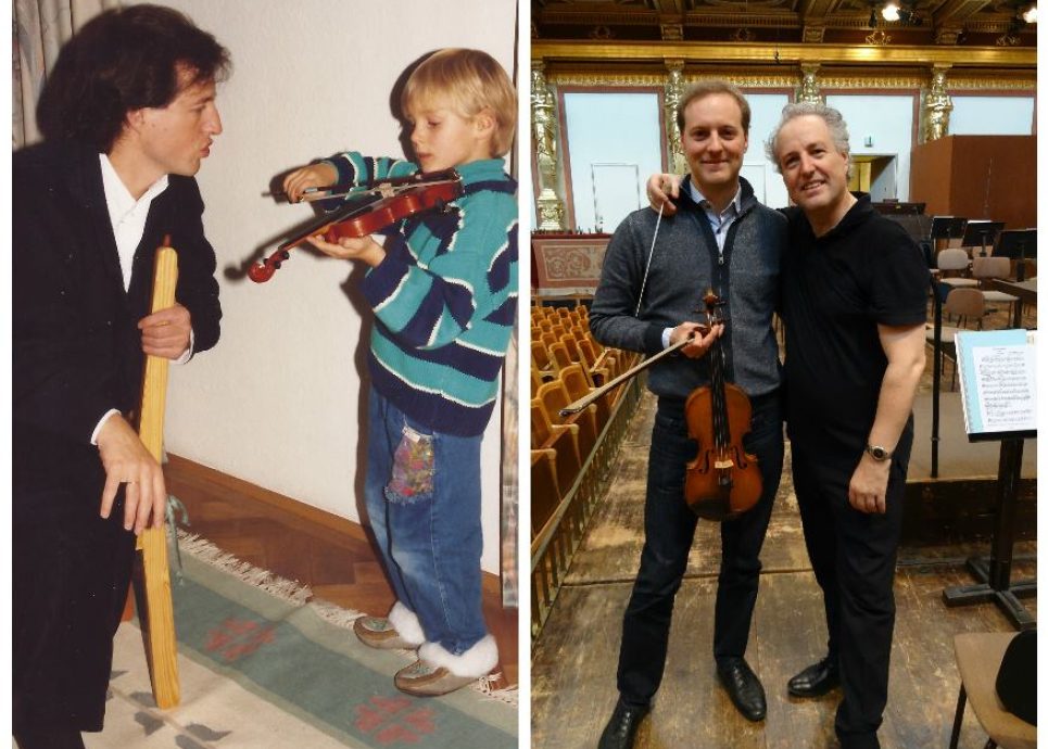 Matthias Honeck mit seinem weltberühmten Vater, Dirigent Manfred Honeck, links beim Geige üben, rechts im Goldenen Saals des Wiener Musikvereins (c) Privat