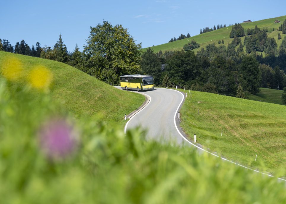 A Vorarlberg regional bus travels through the hilly summer landscape at Bödele in the Bregenzerwald.