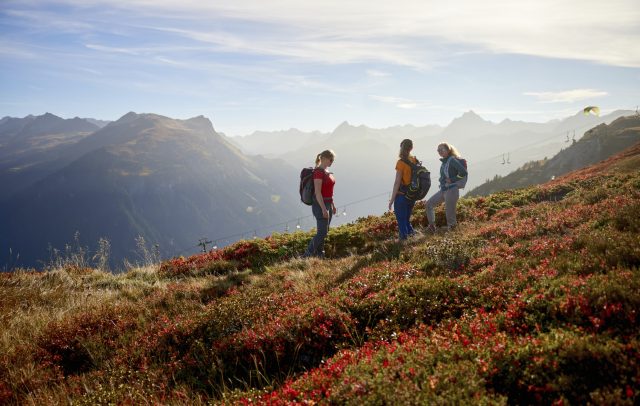 Drei Wandererinnen mit Rucksack auf dem Gantakopf-Rundweg im Montafon, herbstlich bunte Landschaft