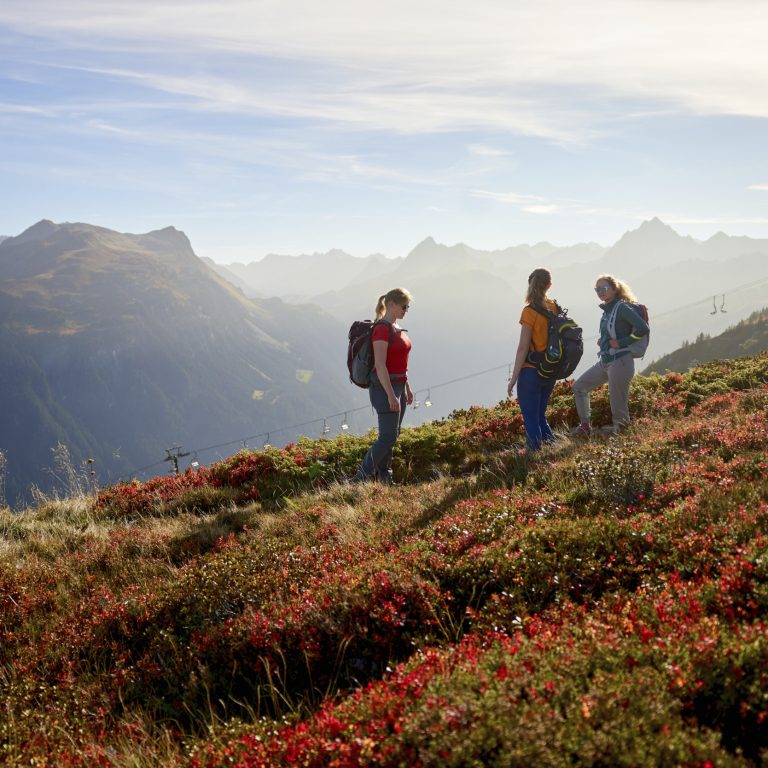Drei Wandererinnen mit Rucksack auf dem Gantakopf-Rundweg im Montafon, herbstlich bunte Landschaft