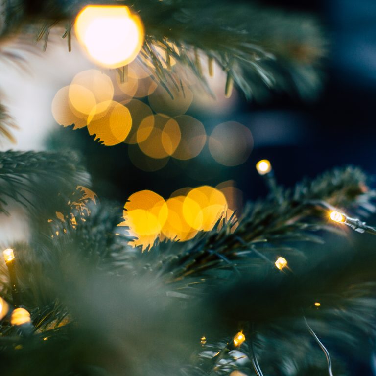Blick durch Tannenzweige im Vordergrund auf verschwommene Christbaumkugeln und Licher am Weihnachtsbaum. Auf dem Bild steht geschrieben: Wir sagen danke