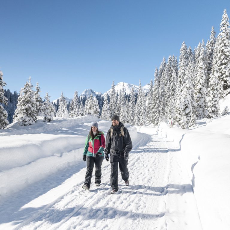 Ein Paar wandert auf einem präparierten Weg durch die verschneite Landschaft in Zug am Arlberg, im Hintergrund tief verschneite Tannen; Sanfter Winter abseits der Pisten in Vorarlberg
