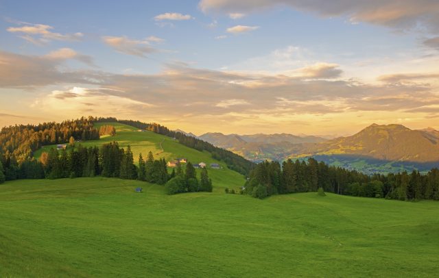 Blick auf das Bödele im Bregenzerwald, sommerliche Abendstimmung