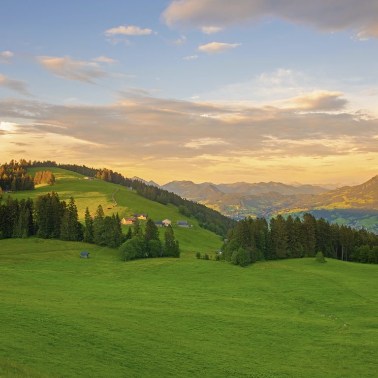 Blick auf das Bödele im Bregenzerwald, sommerliche Abendstimmung