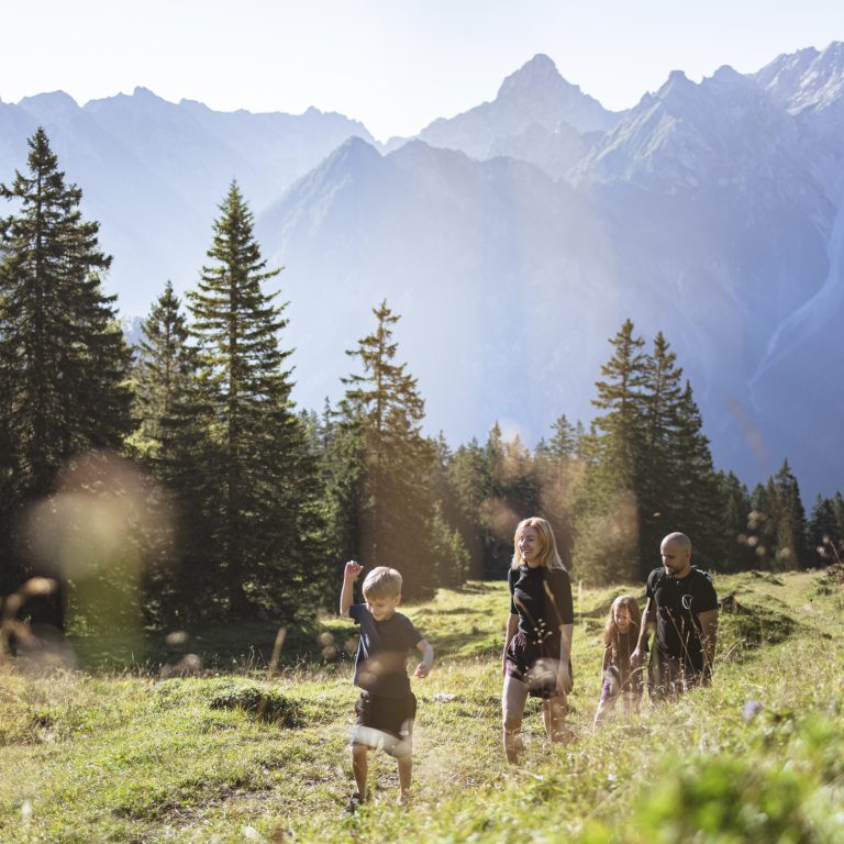 Eine Frau, ein Mann und zwei Kinder sind sportlich gekleidet und wandern auf einem Wanderweg, umgeben von grünen Wiesen, im Hintergrund Tannenbäume und ein Bergpanorama