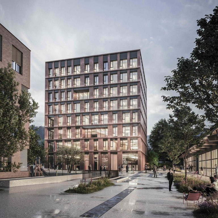 Gebäuderendering vom Neuen Haus am CAMPUS V I Hintere Achmühlerstraße 1 c, 6850 Dornbirn - dem neuen Zuhause von Vorarlberg Tourismus