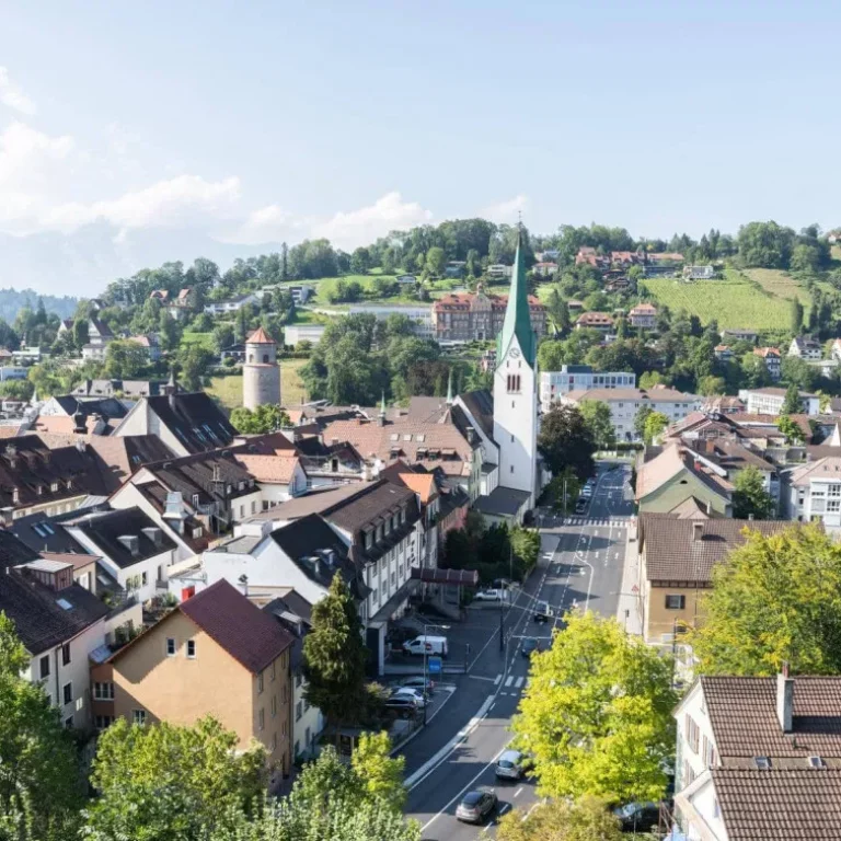 Blick auf die Stadt Feldkirch im Frühsommer, Urlaub und Freizeit in Vorarlberg