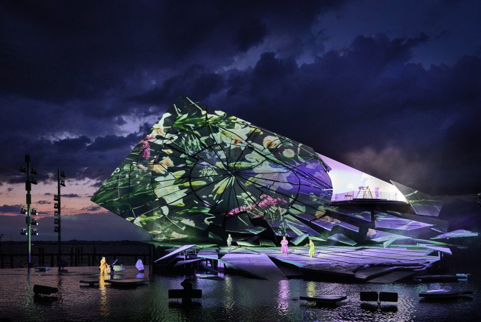 Aufführung von La traviata auf der Seebühne, Bregenzer Festspiele 2026, im Hintergrund der Bodensee und dramatische Wetterstimmung